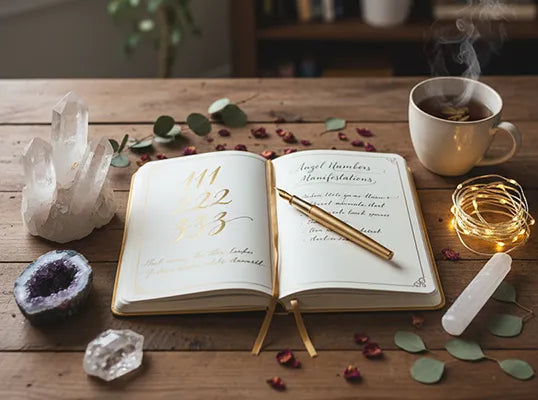 Angel Numbers List with pen journal and crystals
