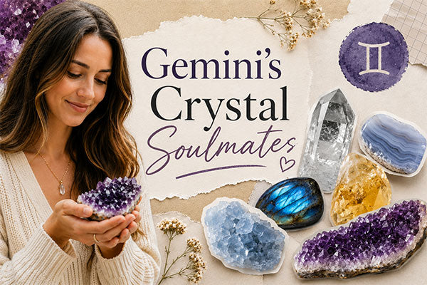 Gemini Crystals with woman holding an amethyst