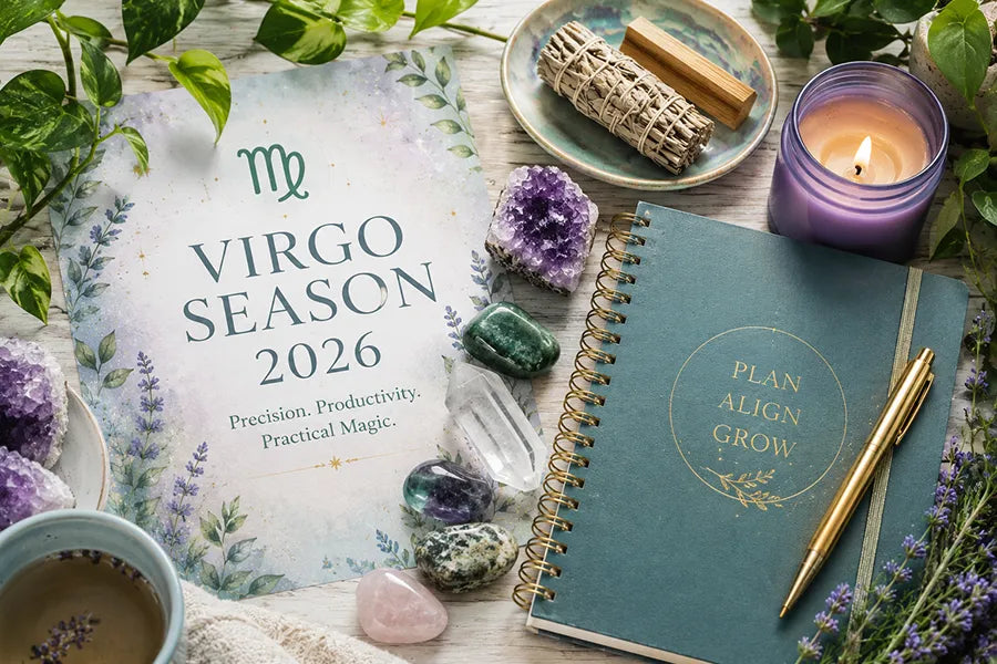  Virgo Season 2026 astrology guide with crystals, journal and earthy spiritual aesthetic