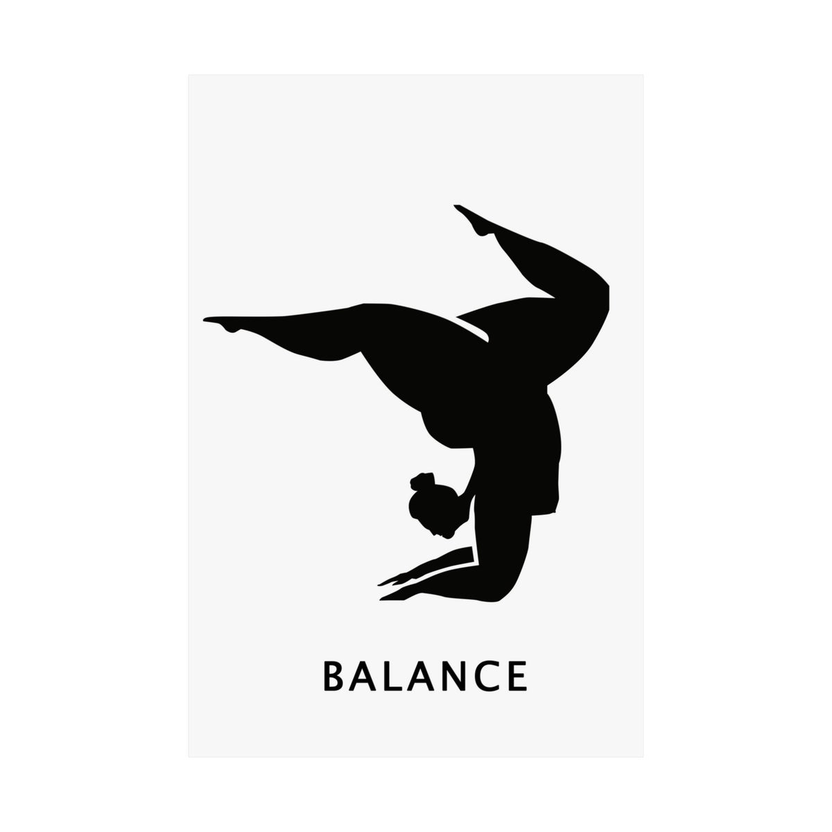 A minimalist black graphic of a person in a handstand pose on a white rectangular panel, with the word 'BALANCE' printed below in black sans-serif text.