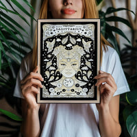 woman holding frame Sagittarius cosmic zodiac portrait featuring a feminine figure surrounded by stars, butterflies, Sagittarius constellation, Jupiter symbol, and Fire element