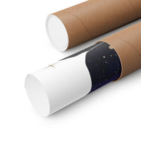 Two brown cardboard mailing tubes on a clean white background, with one tube partially opened to reveal a printed space-themed insert featuring a dark starry sky and a small gold celestial mark.