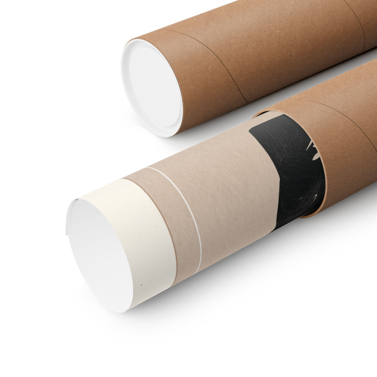 Two brown kraft paper mailing tubes with white inner liners, one sealed and one partially opened showing a black insert, on a white background.