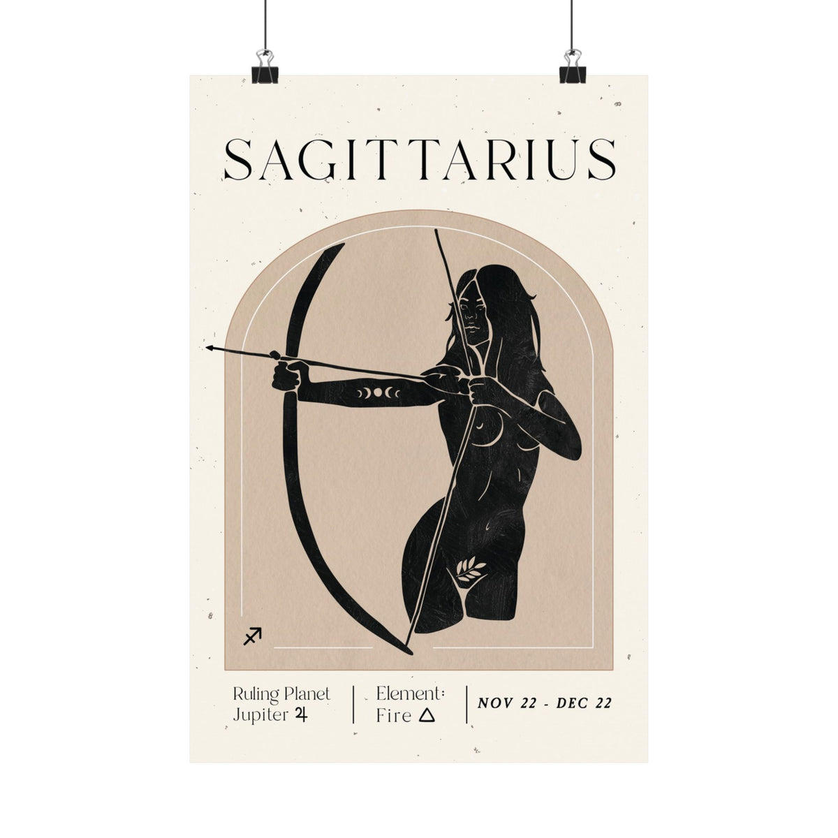 A minimalist Sagittarius zodiac poster featuring a black illustration of a bowhunter within a beige arch on a cream background, with text reading 'SAGITTARIUS' and additional astrological details.