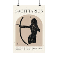 A minimalist Sagittarius zodiac poster featuring a black illustration of a bowhunter within a beige arch on a cream background, with text reading 'SAGITTARIUS' and additional astrological details.