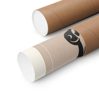 Two brown kraft paper mailing tubes with white inner liners, one standing upright and the other lying diagonally, featuring a black printed logo on the tube.