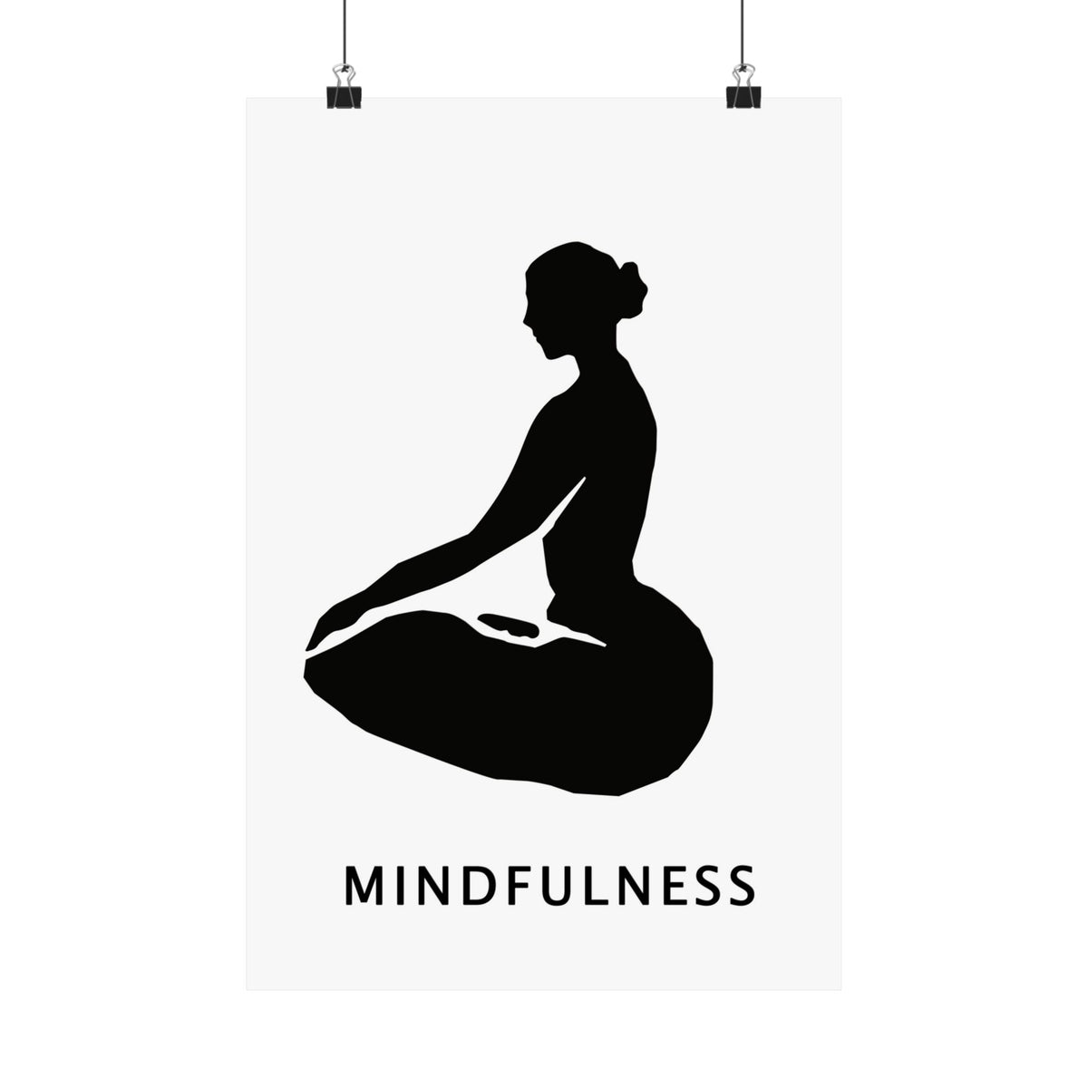 A minimalist black graphic print featuring a silhouette of a person in a seated meditation pose on a white background, with the word 'MINDFULNESS' printed below in black capital letters.