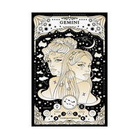 A vertical tarot-style card illustration labeled GEMINI, featuring two illustrated women in profile against a black starry sky with crescent moon and celestial motifs. The design uses black and warm cream tones with small blue star accents.