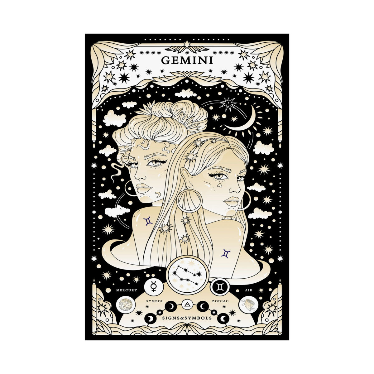 A vertical tarot-style card illustration labeled GEMINI, featuring two illustrated women in profile against a black starry sky with crescent moon and celestial motifs. The design uses black and warm cream tones with small blue star accents.