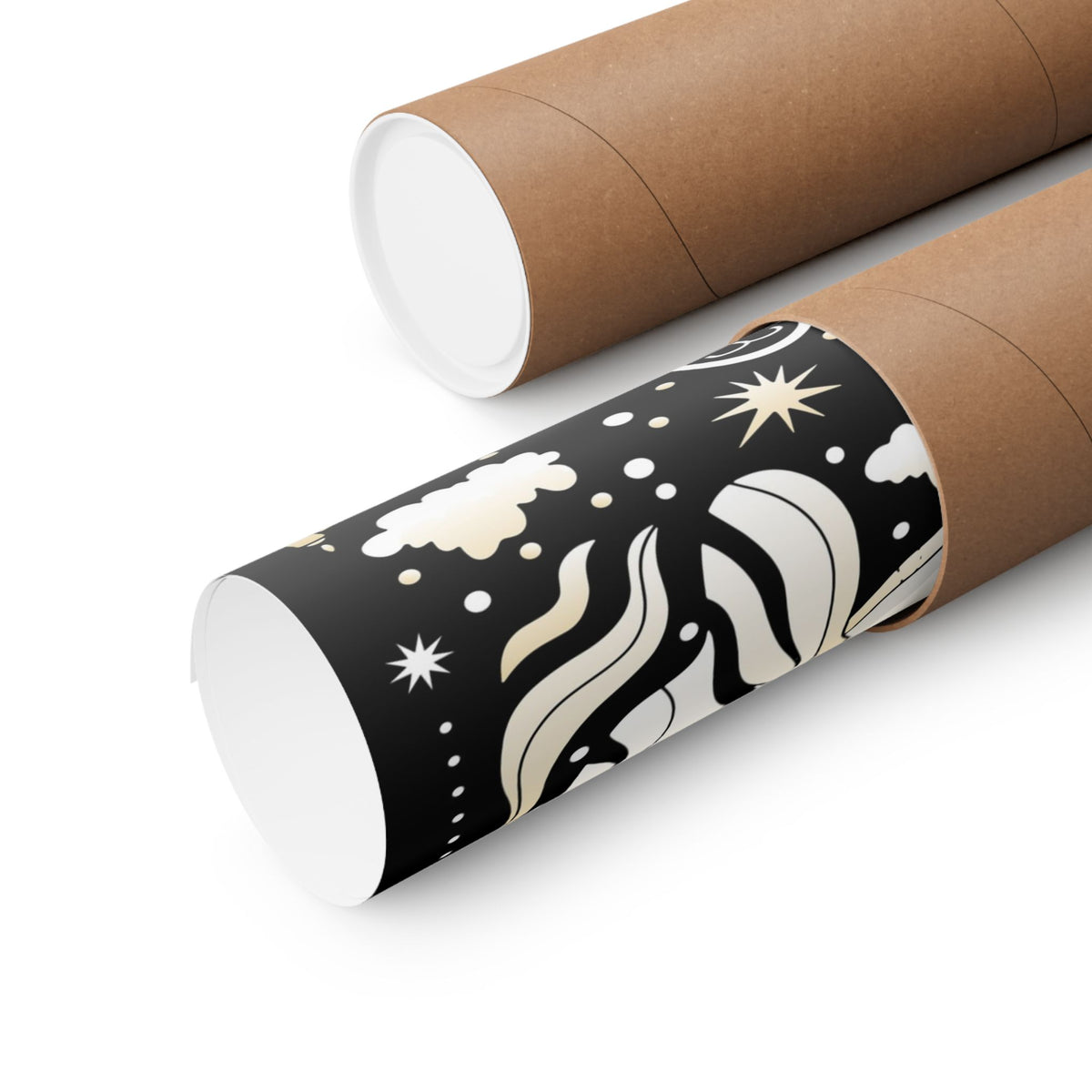 Two brown kraft paper mailing tubes, one wrapped in a black and white celestial pattern featuring stars, moons, and clouds, shown on a clean white background.