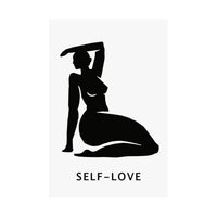A minimalist black graphic print featuring a silhouette of a kneeling woman with one arm raised, above the text 'SELF-LOVE' in a clean sans-serif font, set against a light gray rectangular card on a white background.
