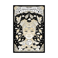 A vertical art print featuring a stylized Sagittarius zodiac illustration with a central female face, butterflies, stars, clouds, and celestial symbols in cream and beige on a black background.