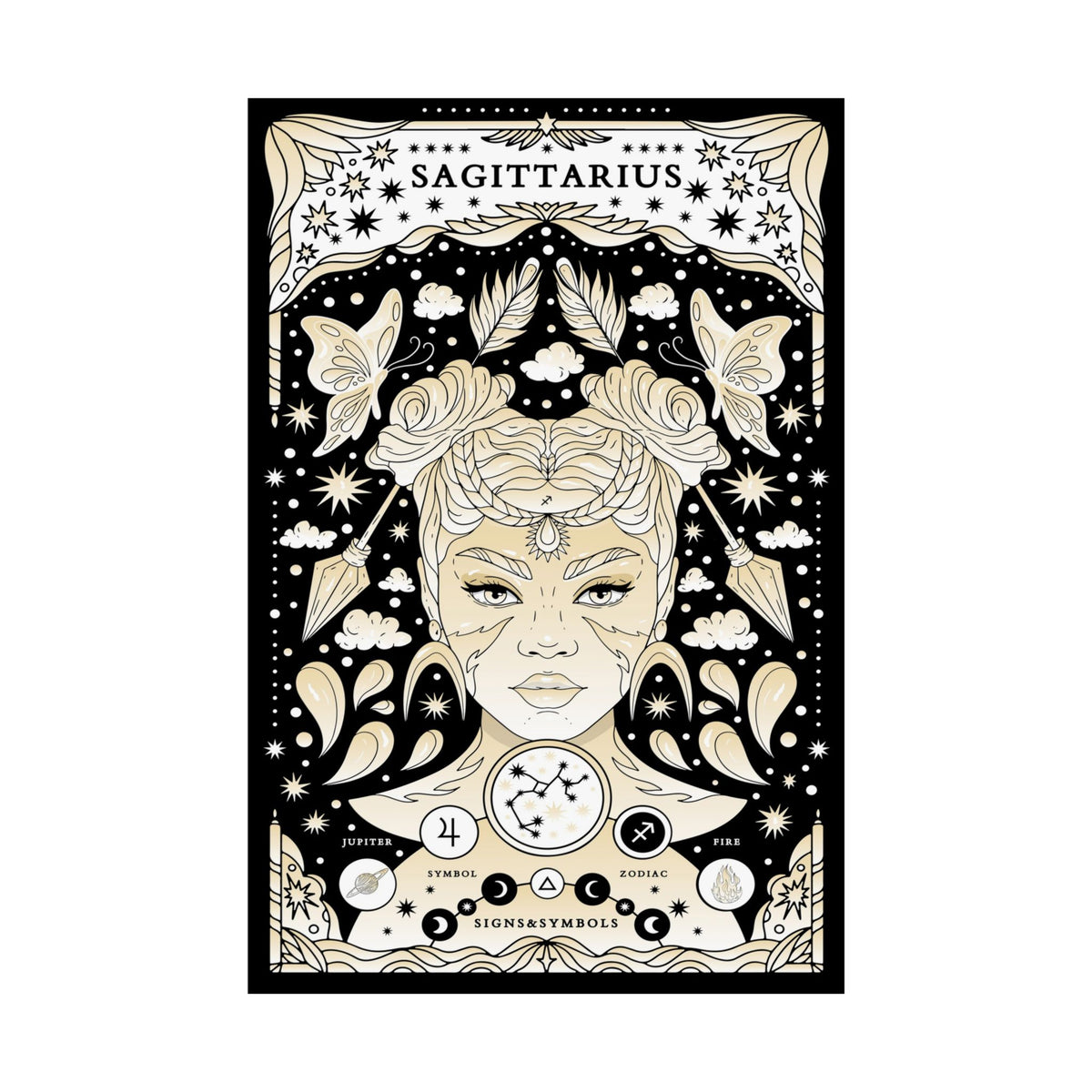 A vertical art print featuring a stylized Sagittarius zodiac illustration with a central female face, butterflies, stars, clouds, and celestial symbols in cream and beige on a black background.