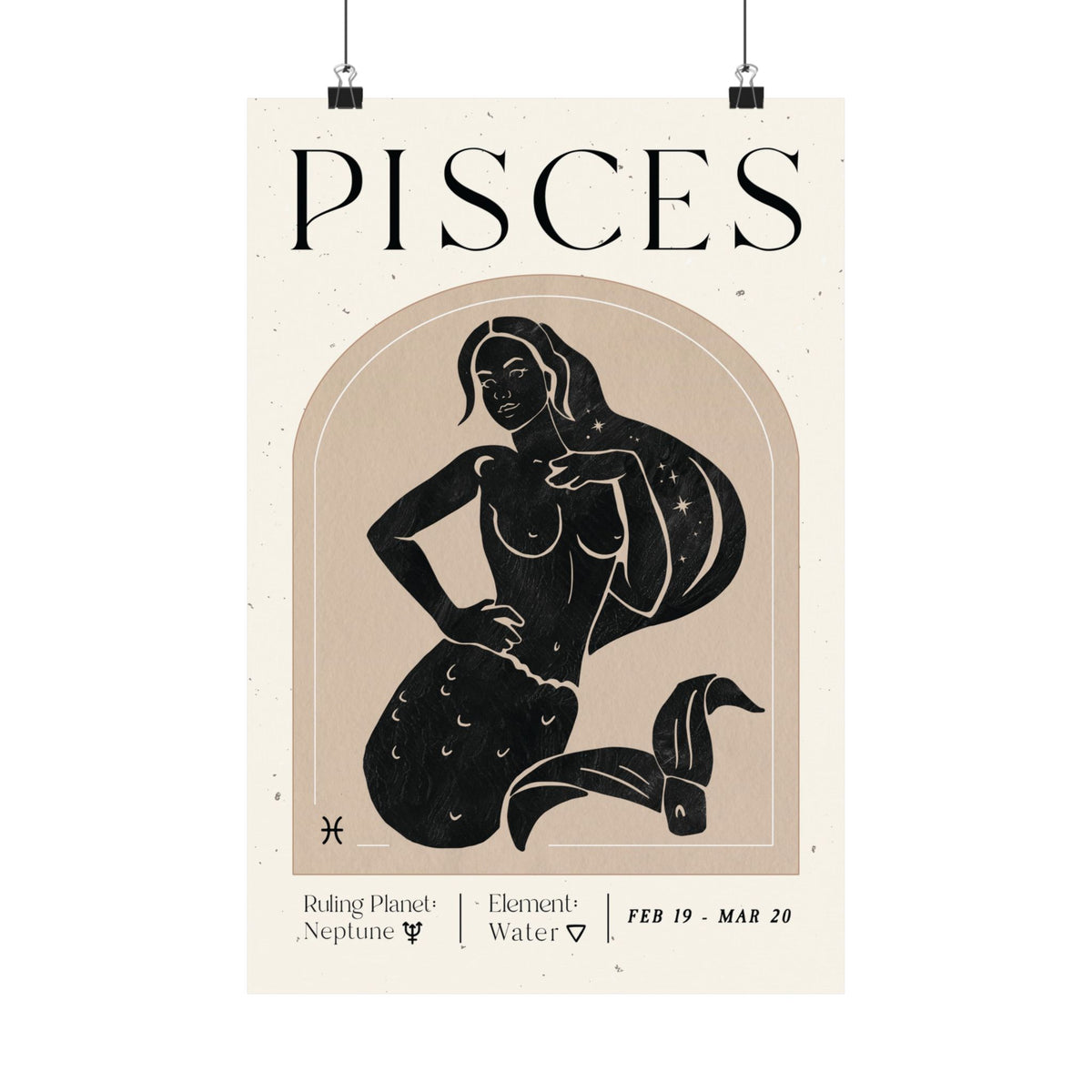 A vertical art print poster featuring a stylized black illustration of a Pisces zodiac figure on a cream background, with the word 'PISCES' at the top and astrological details at the bottom.