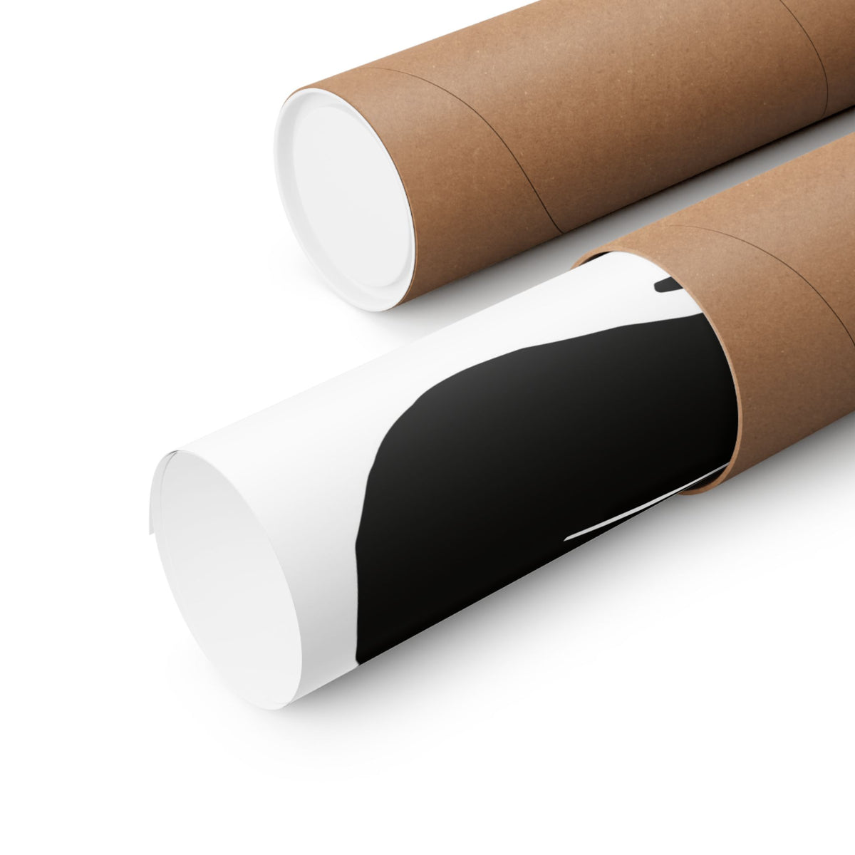 Two brown kraft paper mailing tubes, one fully closed and the other partially opened to reveal a white interior with a black-and-white printed insert, on a white background.