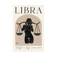 A minimalist Libra zodiac art print featuring a black silhouette of a nude figure holding a balance scale, set against a beige background with the word 'LIBRA' in large black letters at the top.