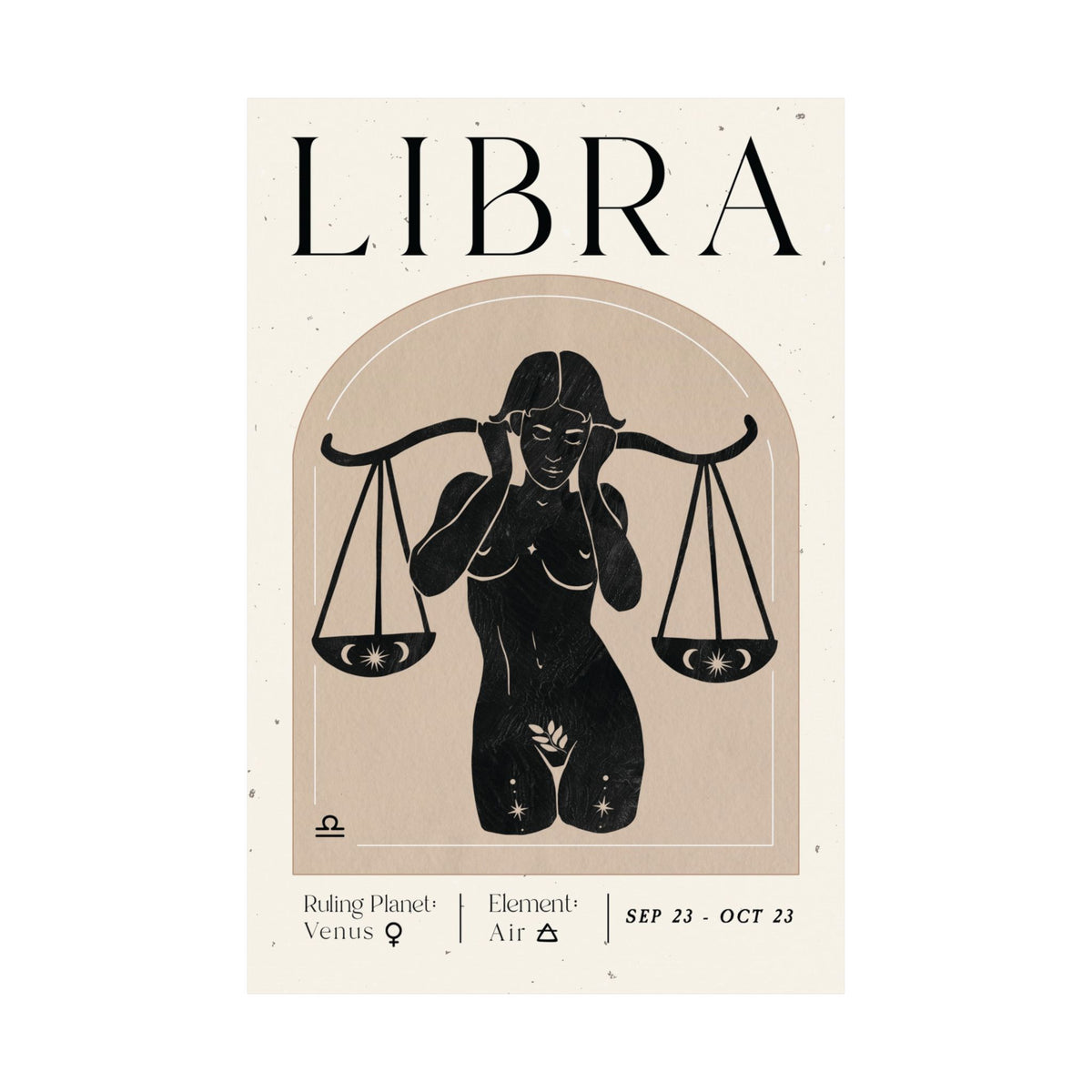 A minimalist Libra zodiac art print featuring a black silhouette of a nude figure holding a balance scale, set against a beige background with the word 'LIBRA' in large black letters at the top.
