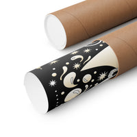 Two brown kraft paper mailing tubes, one closed and one partially opened, showing a black paper liner printed with cream celestial patterns of stars, moons, and planets. The tubes are photographed on a clean white background.