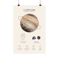 A vertical Capricorn astrology poster with a cream background, featuring a large watercolor-style planet illustration, constellation lines, zodiac symbol, birthstone, and small labeled icons for planet sign, zodiac sign, element earth, and mode cardinal.