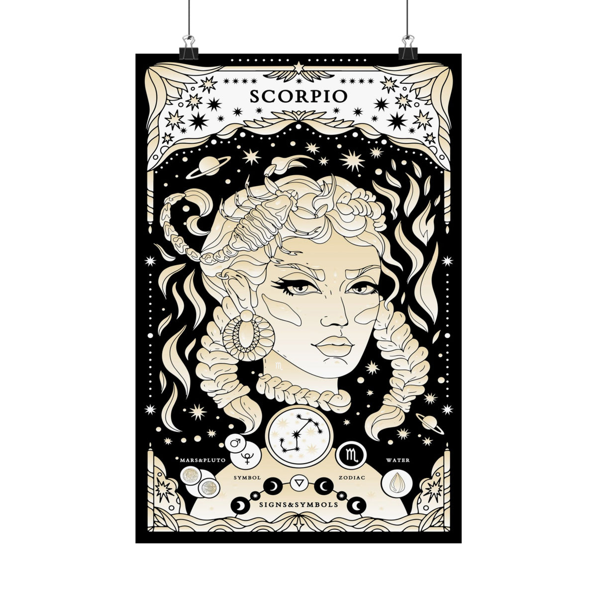 A vertical black-and-cream zodiac art print featuring Medusa and Scorpio imagery, hanging against a white wall with two visible clips at the top.
