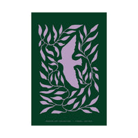Modern dove botanical art print featuring a lavender dove surrounded by flowing leaves 