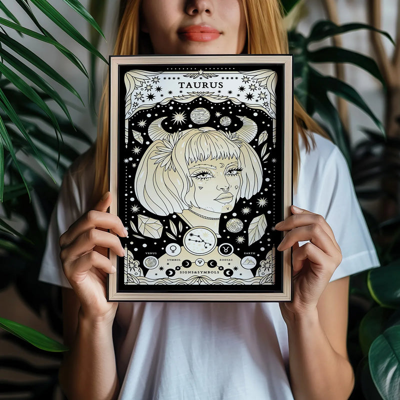 woman holding frame with Taurus cosmic zodiac portrait featuring a feminine figure surrounded by bull imagery, stars, planets, Taurus constellation, Venus symbol, and Earth element