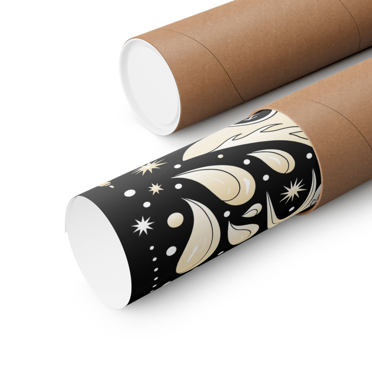 Two brown kraft paper poster tubes on a white background, one showing a black wrap printed with cream celestial patterns and the other showing the plain brown cardboard interior.