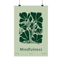 Minimalist mindfulness art print featuring bold dark-green botanical flowers and the word “Mindfulness” on a pale-green background, 