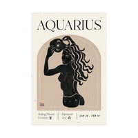 An art print poster featuring the Aquarius zodiac sign. The design has a cream-colored background with a central arch containing a black silhouette of a woman holding a celestial object, with astrological details printed below.