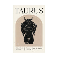 A minimalist poster or art print featuring a stylized black illustration of a horned female figure centered within an arched beige frame on an off-white background. The word 'TAURUS' appears prominently at the top, with additional small text at the bottom reading 'Ruling Planet Venus', 'Element Earth', and 'APR 20 - MAY 21'.