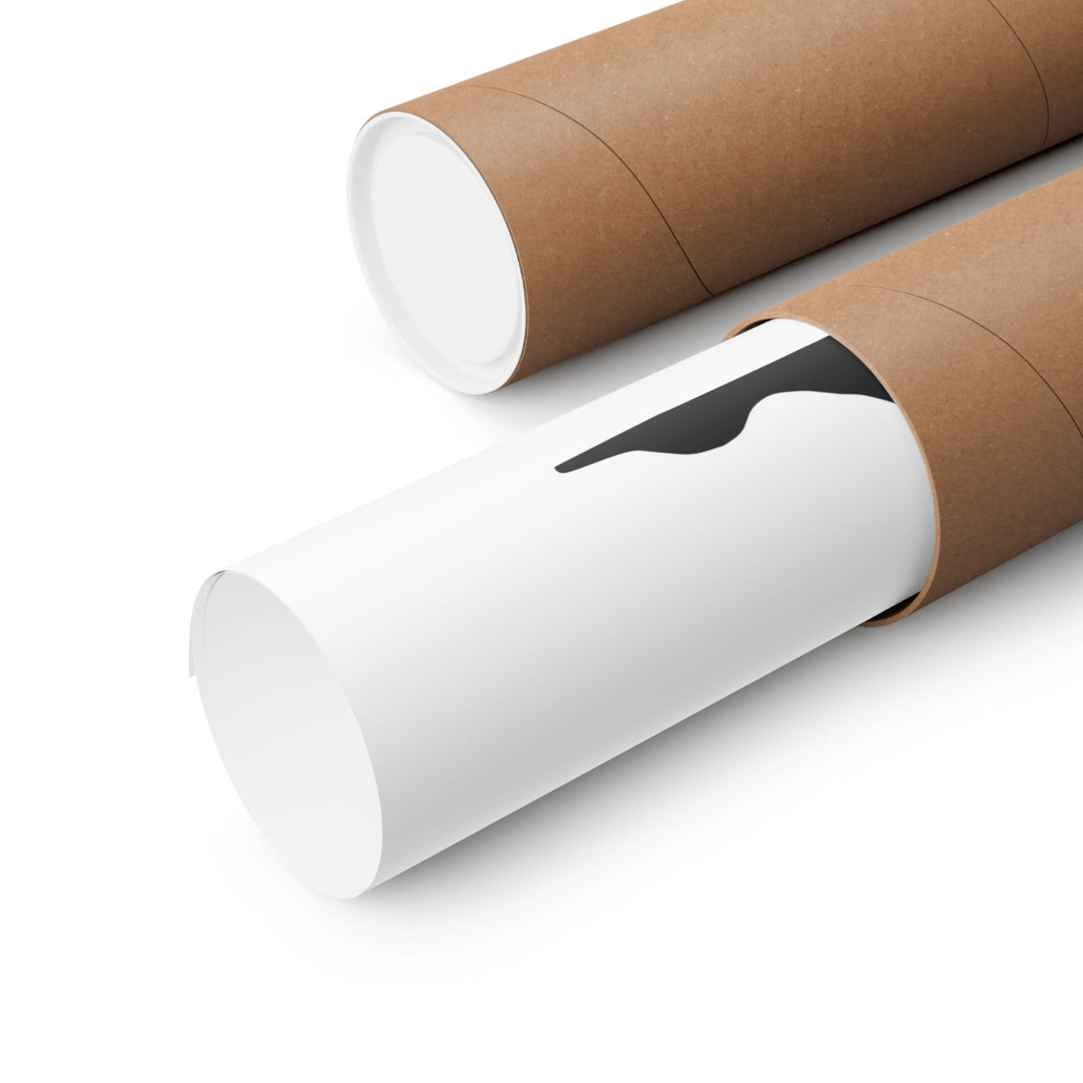 Two brown cardboard mailing tubes, one fully visible and one partially opened, showing a white insert or mailer inside, on a clean white background.