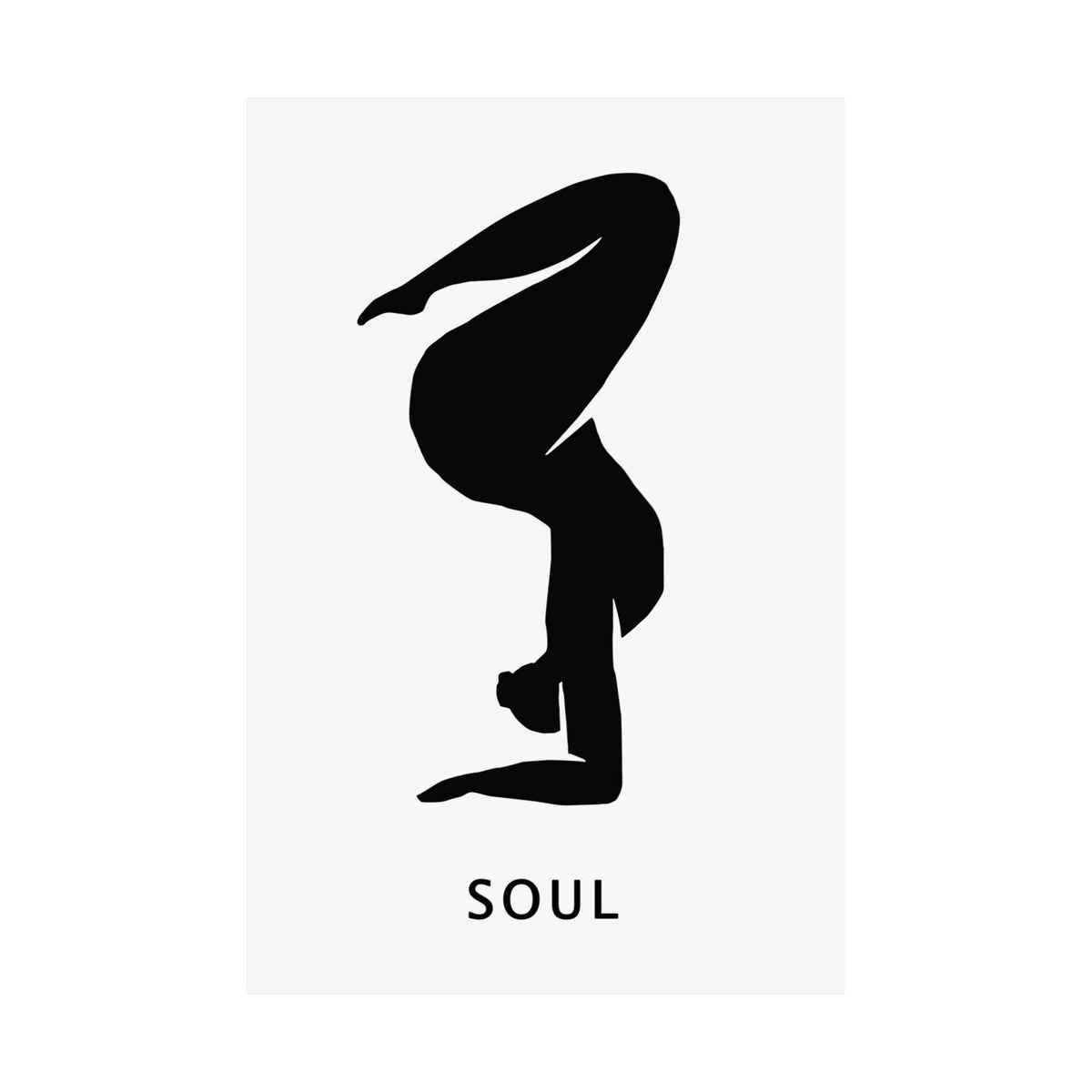 A minimalist black graphic of a person in a yoga or handstand pose on a white rectangular card, with the word 'SOUL' printed below in black sans-serif text.