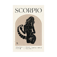 A minimalist astrology poster for Scorpio, featuring a black ink illustration of a woman with a scorpion tail on a beige background, with the word 'SCORPIO' in bold black letters at the top.