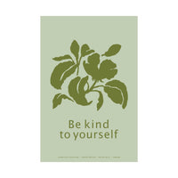 Minimalist botanical art prints with olive-green leaves and the words “Be kind to yourself” on a pale green background, 