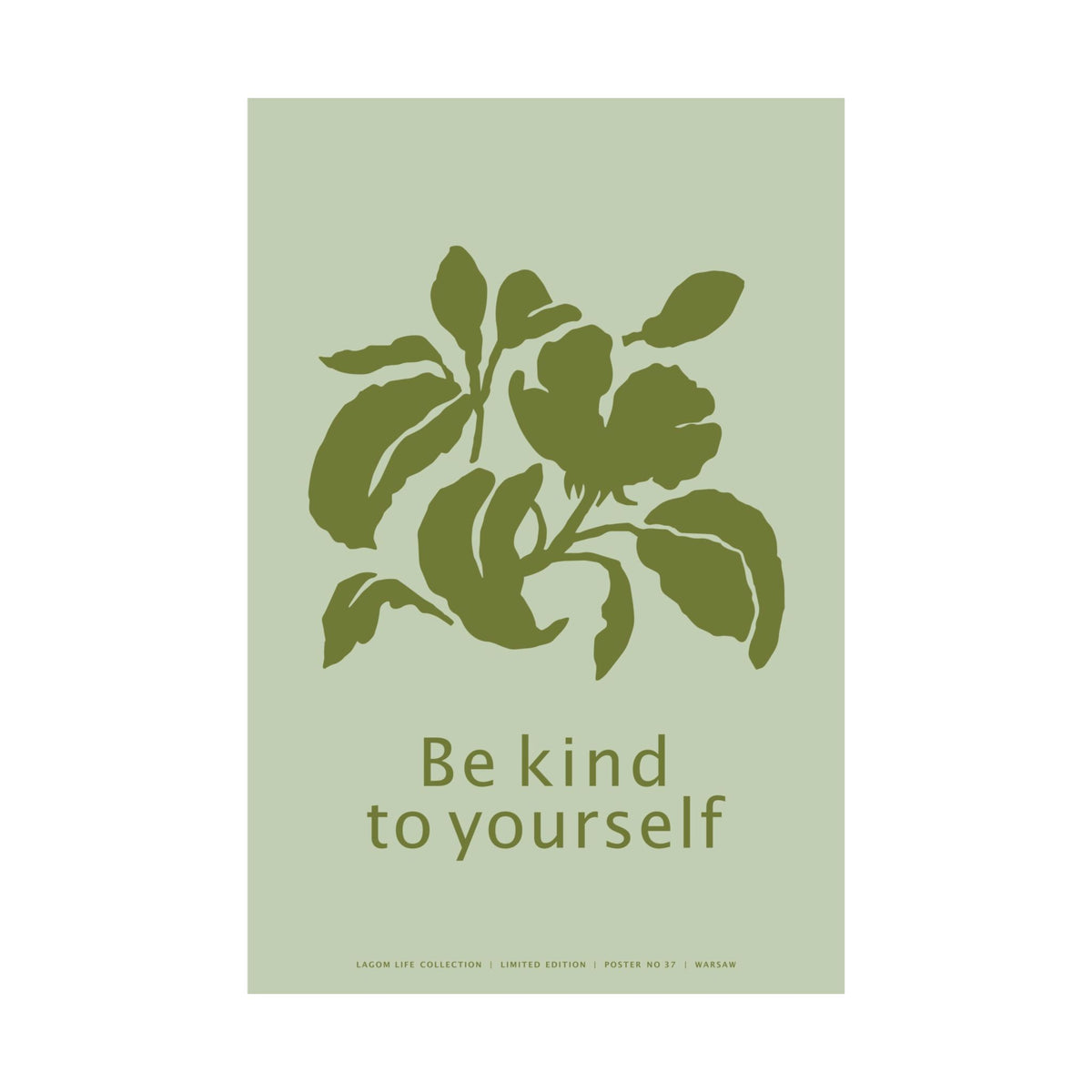Minimalist botanical art prints with olive-green leaves and the words “Be kind to yourself” on a pale green background, 