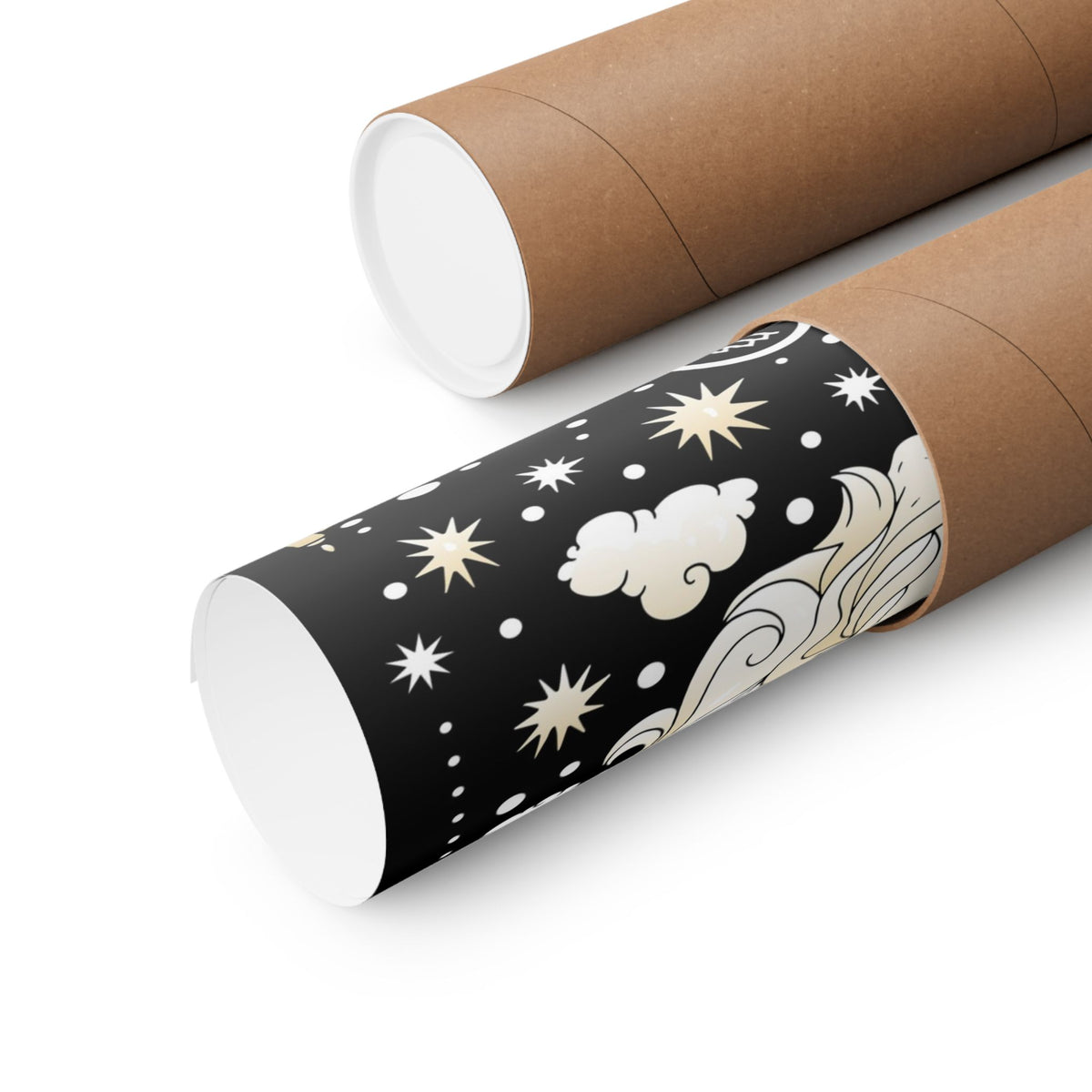 Two brown kraft paper mailing tubes, one showing a black printed wrap with white and gold celestial patterns of stars and clouds, on a clean white background.