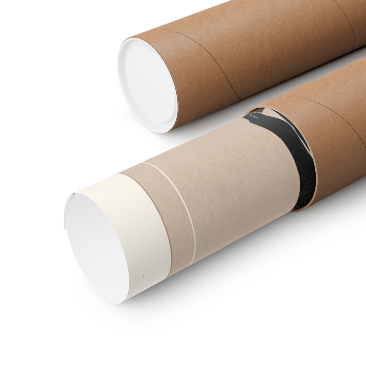 Two brown kraft paper mailing tubes with white inner liners, shown on a clean white background.