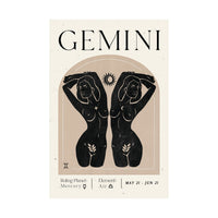 A minimalist Gemini zodiac poster with black line-art figures, a sun motif, and text reading 'GEMINI,' 'Ruling Planet: Mercury,' 'Element: Air,' and 'MAY 21 - JUN 21' on a cream background.