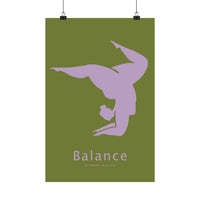 Minimalist yoga art print featuring a lavender yoga silhouette on an olive-green background, 
