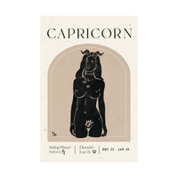A minimalist poster or art print featuring a black line-art illustration of a nude female figure inside an arched beige frame on a cream background. The word 'CAPRICORN' appears at the top, with additional text at the bottom including 'Ruling Planet Saturn', 'Element Earth', and date ranges.