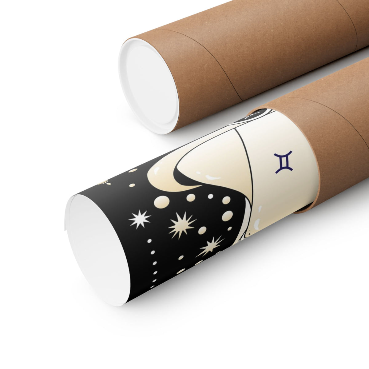 Two brown kraft paper mailing tubes on a white background, with one tube partially opened to reveal a printed insert featuring a black space design with cream stars and a cream band with a blue Pisces zodiac symbol.