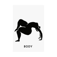 A minimalist art print featuring a black silhouette of a person performing a backbend on a white rectangular background, with the word 'BODY' printed below in black sans-serif text.