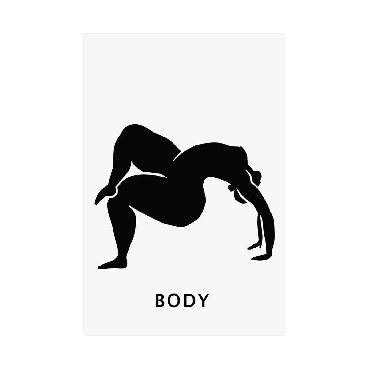 A minimalist art print featuring a black silhouette of a person performing a backbend on a white rectangular background, with the word 'BODY' printed below in black sans-serif text.