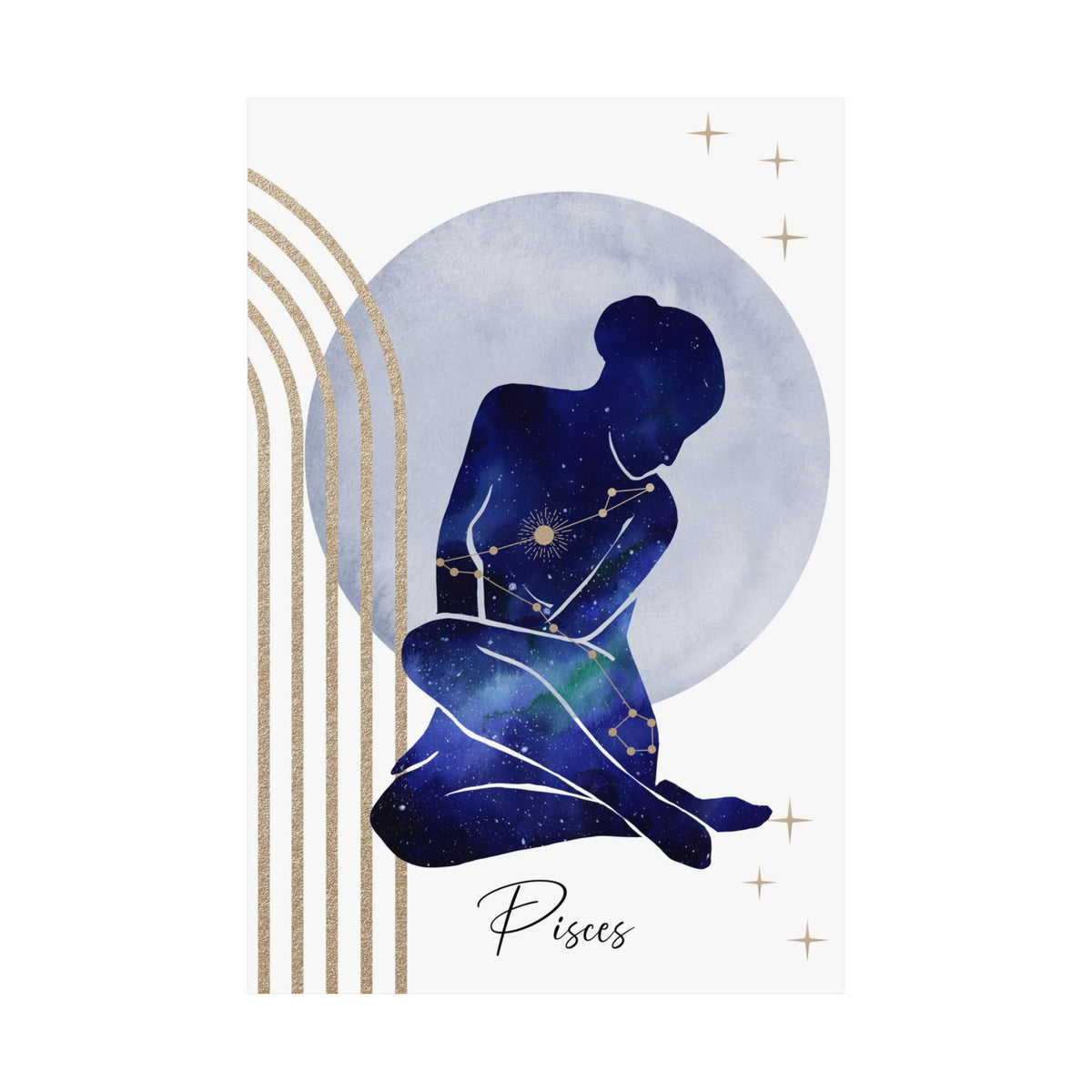 A vertical art print featuring a Pisces zodiac sign illustration. The design shows a seated figure silhouette filled with a deep blue galaxy pattern and gold constellation details, set against a large light blue circular backdrop.