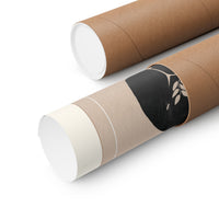 Two brown kraft paper mailing tubes with white inner liners, one plain and one featuring a black circular label with a white leaf design, shown on a white background.