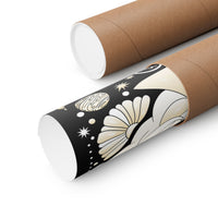 Two brown kraft paper mailing tubes, one showing a black wrap printed with a cream and gold celestial butterfly design, on a white background.