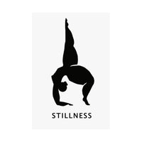A minimalist black graphic print featuring a silhouette of a person in a handstand pose with the word 'STILLNESS' printed below, centered on a light gray rectangular field with a white border.