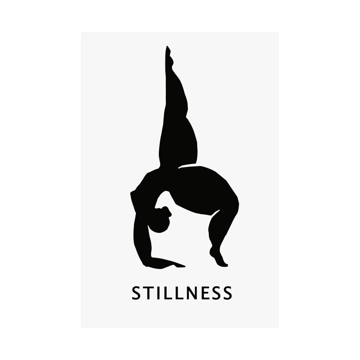 A minimalist black graphic print featuring a silhouette of a person in a handstand pose with the word 'STILLNESS' printed below, centered on a light gray rectangular field with a white border.