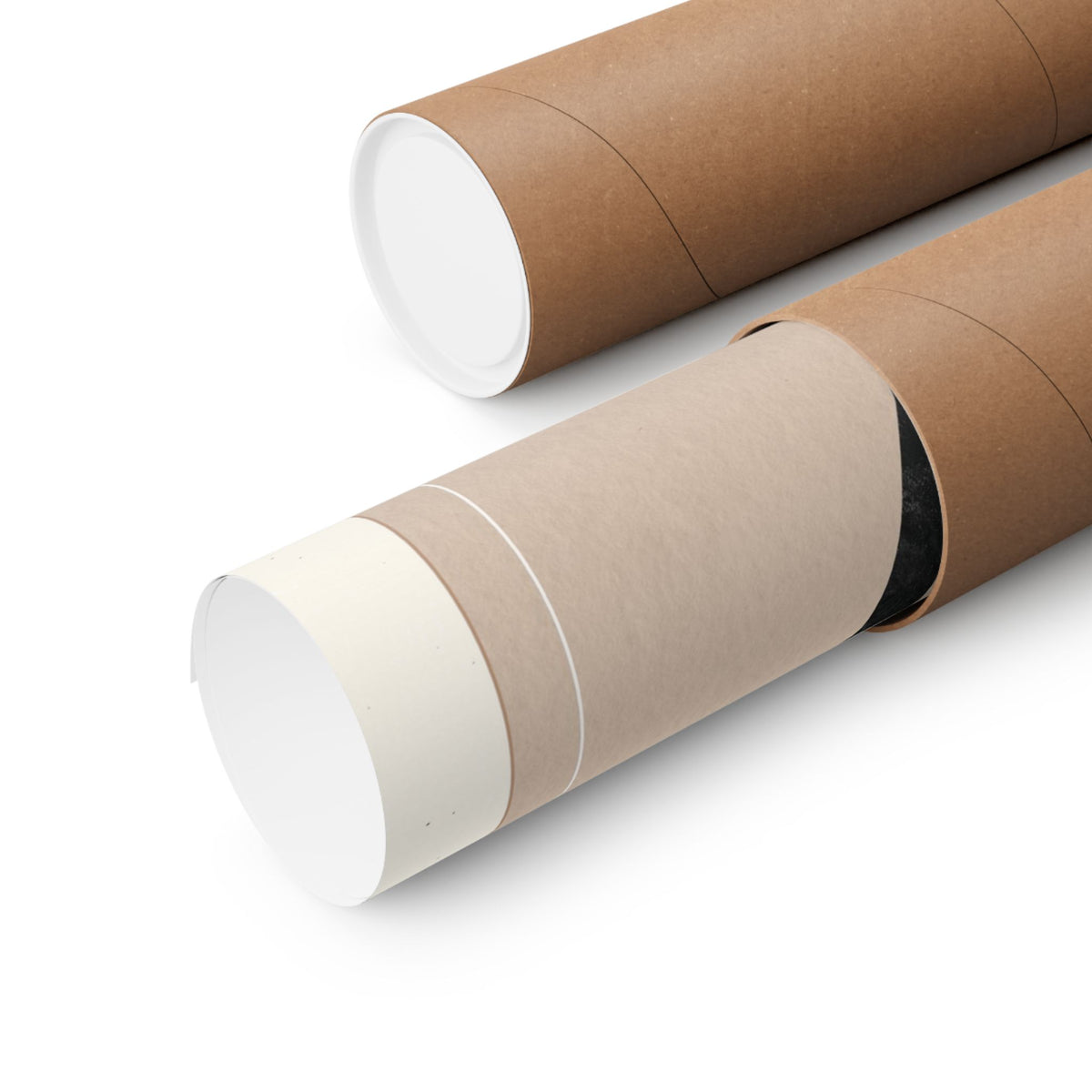 Two brown kraft paper mailing tubes with white inner liners, shown on a clean white background.