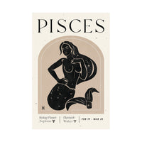 A minimalist Pisces zodiac art print featuring a stylized black mermaid illustration on a warm cream background with the word 'PISCES' at the top and astrological details at the bottom.